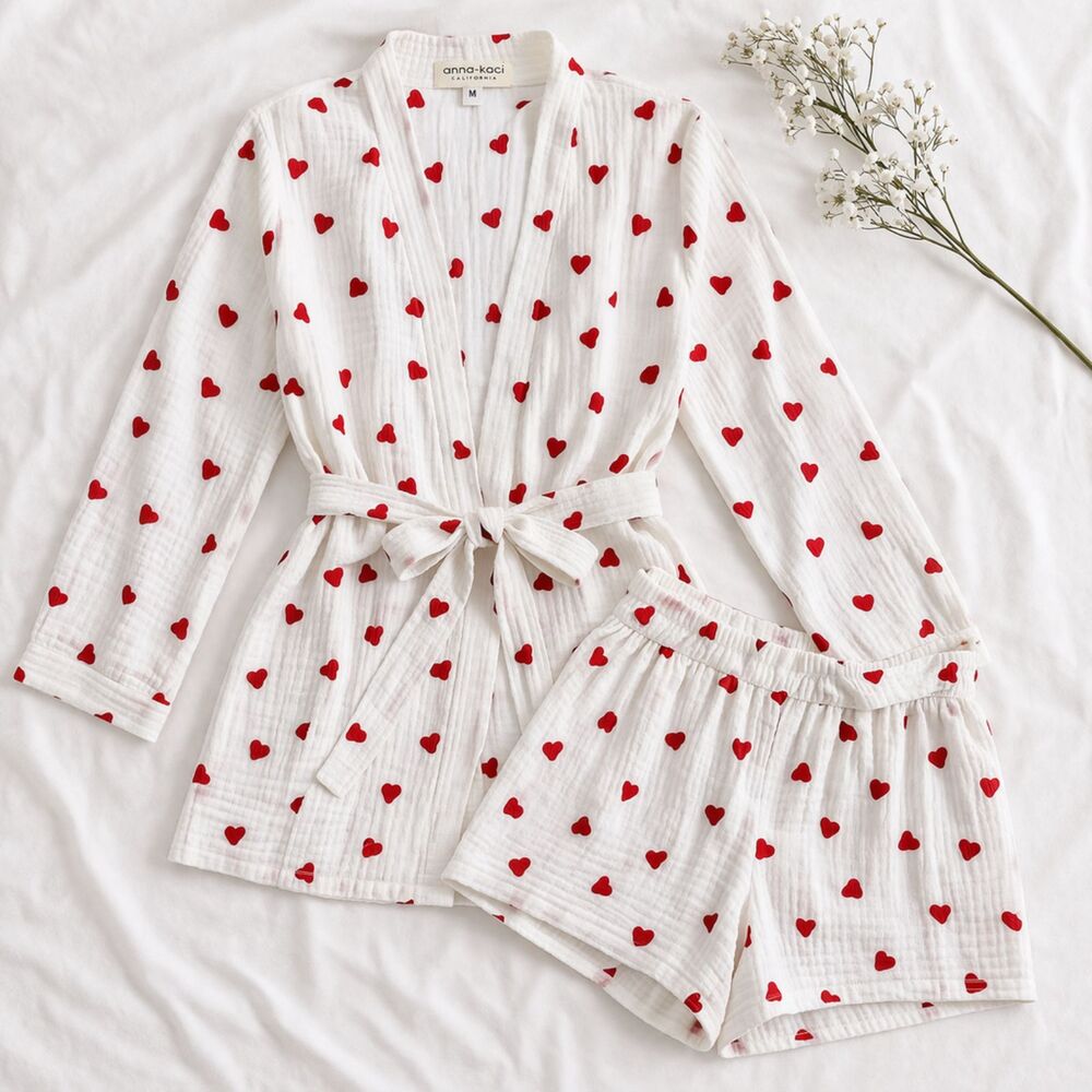 Anna-Kaci Heart Print Pajama Set | Size M | Belted Cotton Lounge Set Coquette
